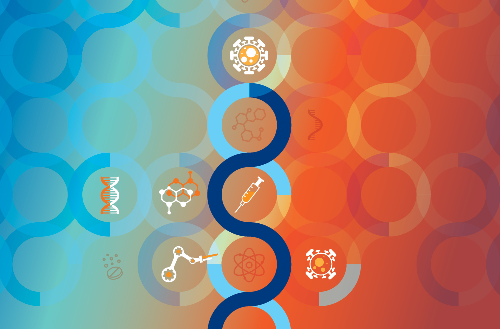 An illustration with a colorful blue-red gradient has curving shapes representing the flow of time with icons representing cells, DNA, molecules, a syringe, etc.